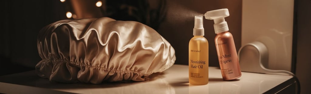A cozy nighttime routine setup featuring a satin bonnet, a nourishing hair oil bottle, and a fine mist sprayer, all neatly pl