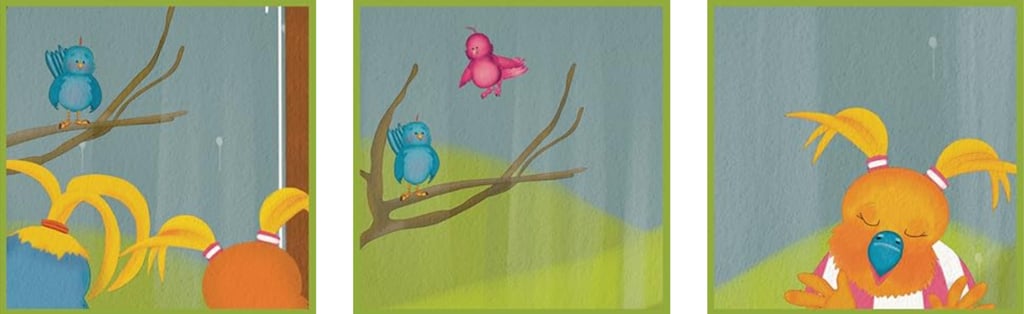 a series of three illustrations of a birds on a tree branch