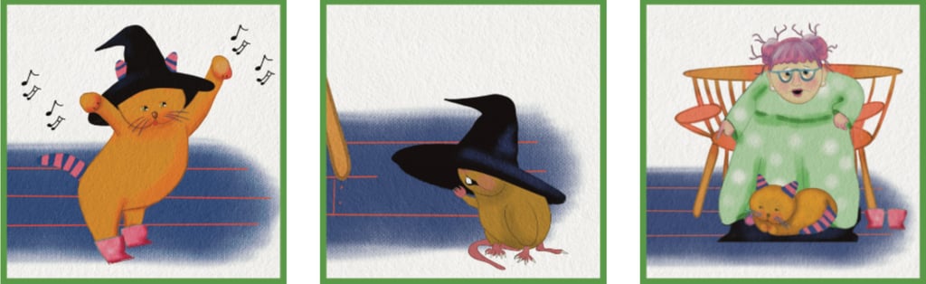 cat in hat dancing rat in hat ladysitting on a chair with a cat