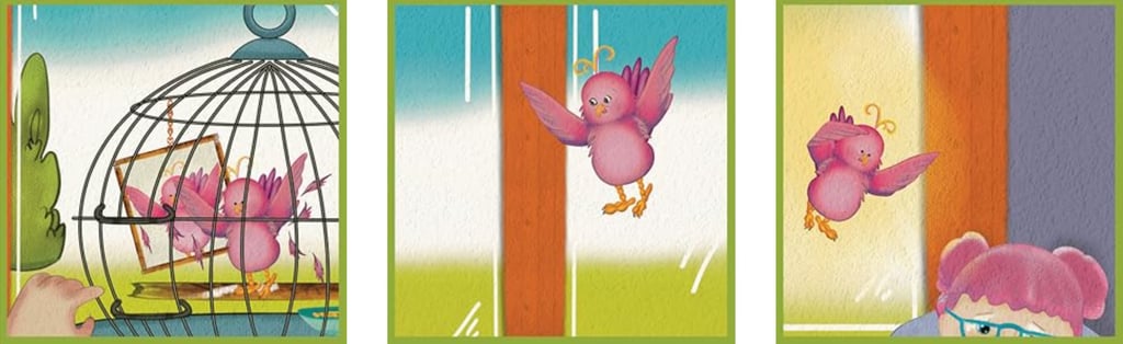 a bird in a cage with a mirror and a bird flying near a window