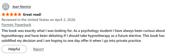 Positive five-star Amazon customer review for a hypnotherapy book from a psychology student.