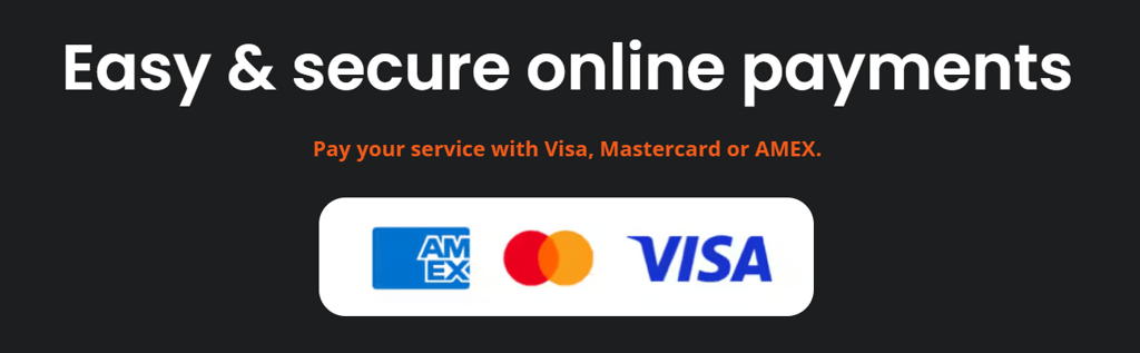 Easy and secure online payments accepted, Visa, Mastercard and American Express