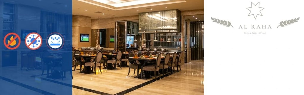 Elegant hotel dining room by Al Raha featuring fire-safe and anti-viral restaurant surfaces.