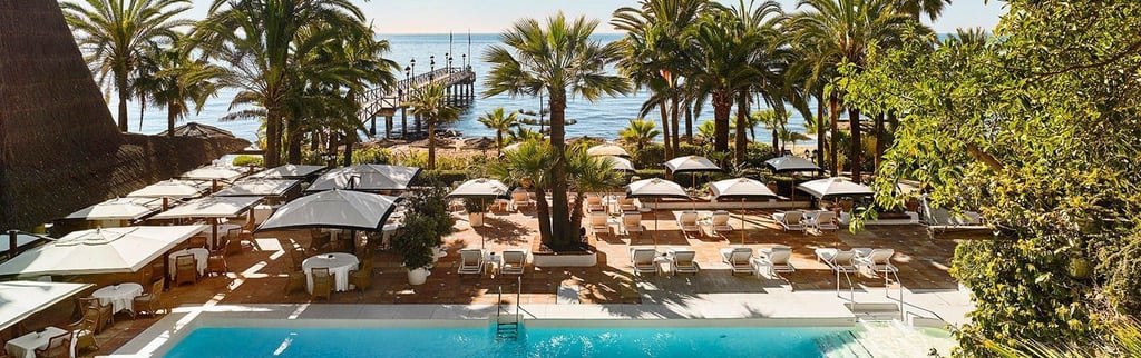 Luxury beach resort with an outdoor swimming pool, palm trees, and ocean views featuring a wooden pier.