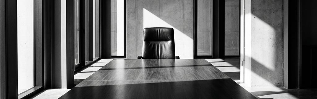 Cadeira vazia à cabeceira de uma mesa de reunião, iluminada por luz natural com alto contraste em pr