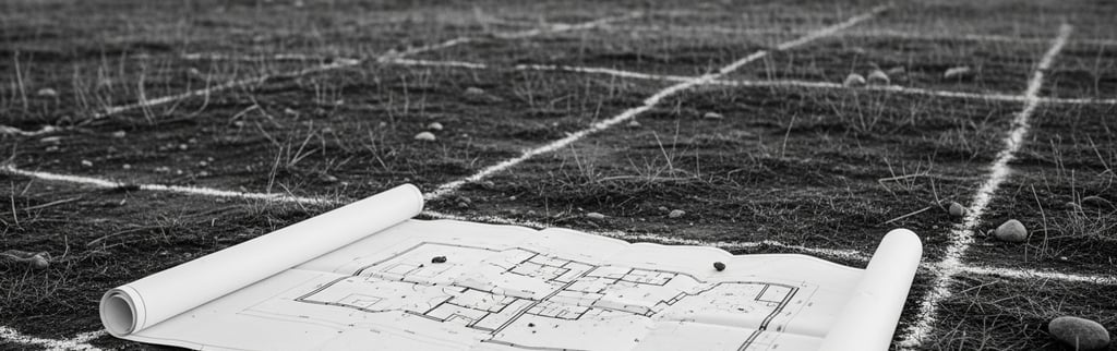 Terreno com marcações iniciais de obra representando decisão antes da construção no investimento imo