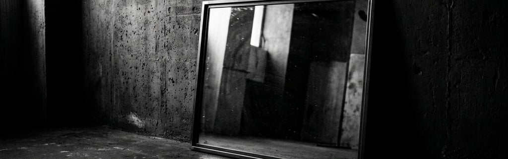Fotografia editorial em preto e branco de um espelho apoiado contra uma parede de concreto escura, r