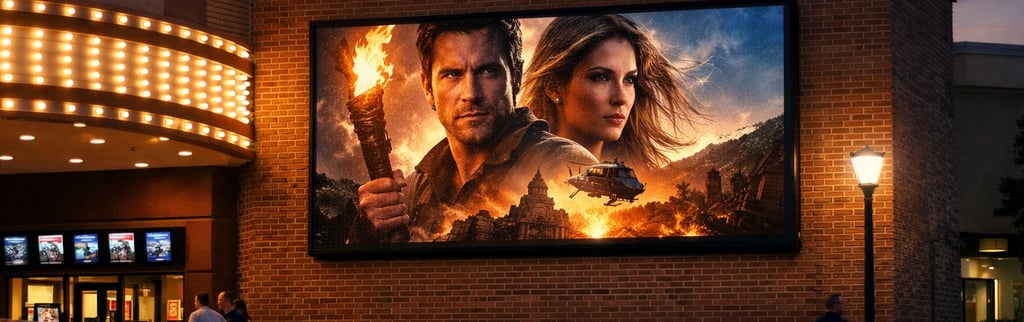 Outdoor LED Wall system on a brick cinema at dusk.