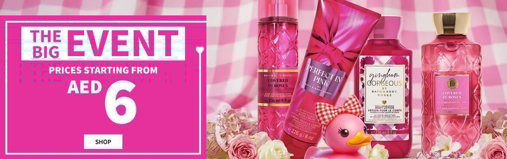 An advertisement for Bath & Body Works' The Big Event, showing various pink-themed body care product
