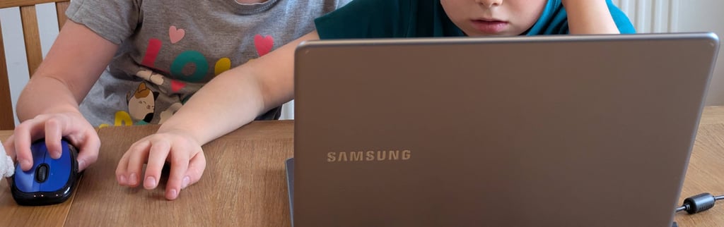 Two primary-age kids being creative with a laptop