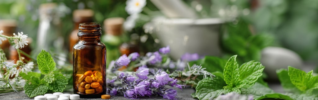 Flasche mit Medikemanten, alternative Heilmethoden, Homöopathie und Kräuter