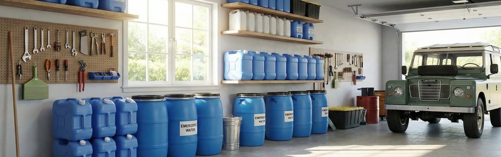 Residential garage storage with water containers elevated on wooden planks, clean and orderly, daylight filtering in.