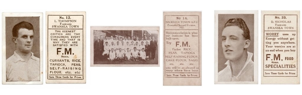 Vintage Swansea Town A.F.C. football cigarette cards featuring players L. Thompson and D. Nicholas with team photos.