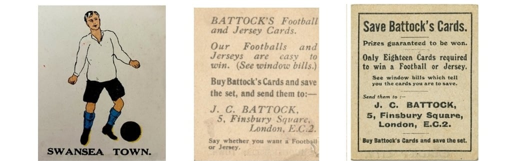 Vintage Swansea Town football cards from J. C. Battock advertising prizes for collectors.