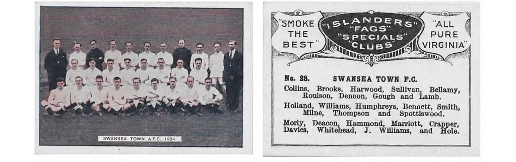 Vintage 1924 Swansea Town AFC football team trading card featuring players and Islanders tobacco branding.