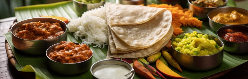 Veg banana leaf thali with home-style curries, chutneys, and nutritious South Indian delicacies.