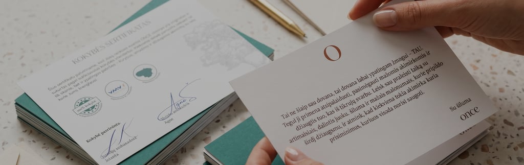 Palinkėjimo laiškelis ir kokybės sertifikatas ONCE rinkinyje