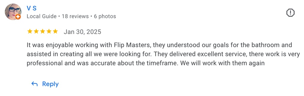 Five-star customer review for Flip Masters highlighting professional bathroom remodeling and excellent service.