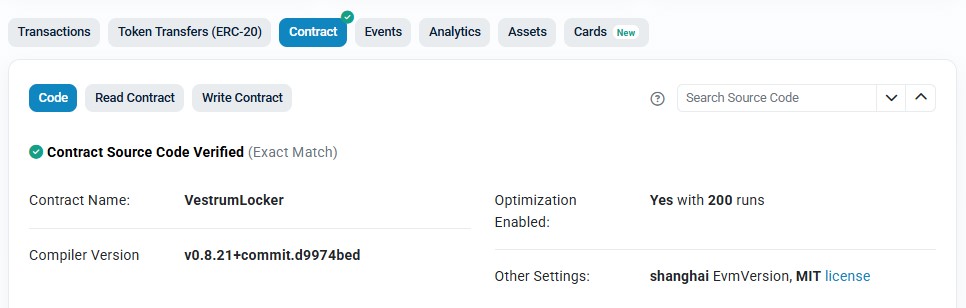 ScreenShot of the Verified VestrumLocker Smart Contract