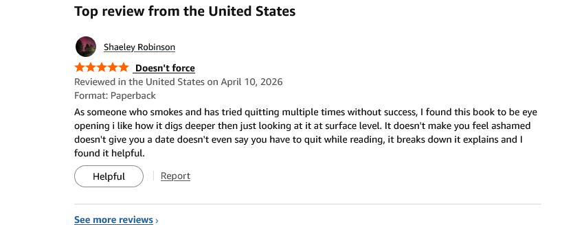 Five-star Amazon customer review for a paperback book about quitting smoking.