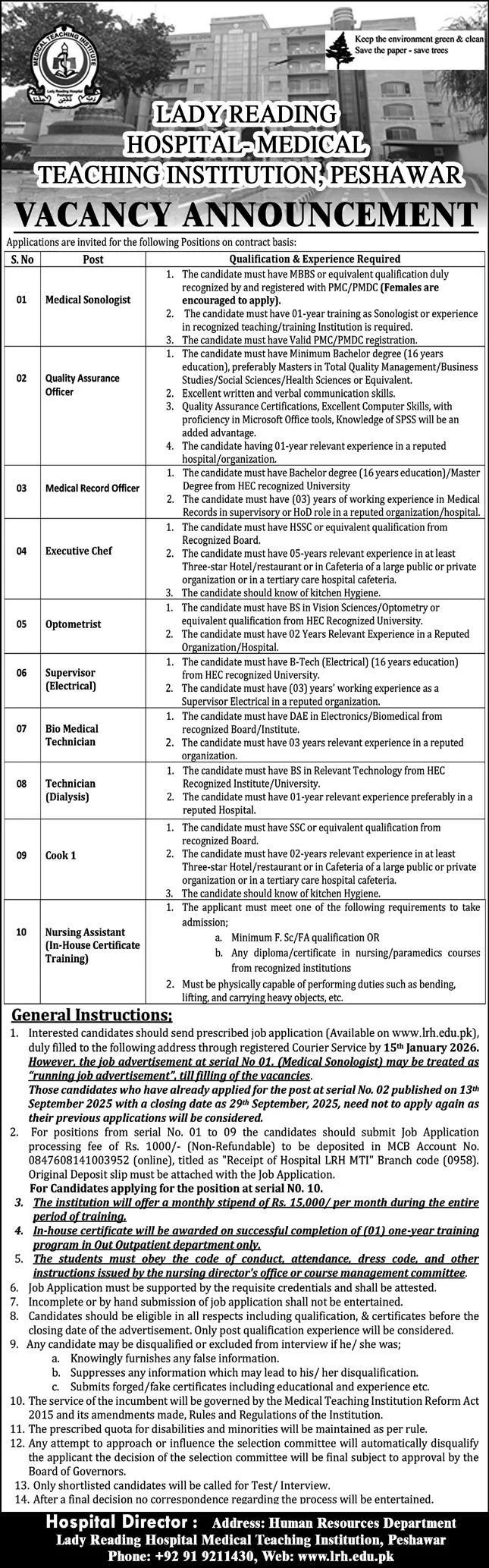 Lady Reading Hospital MTI Peshawar jobs medical sonologist quality assurance officer technician nurs
