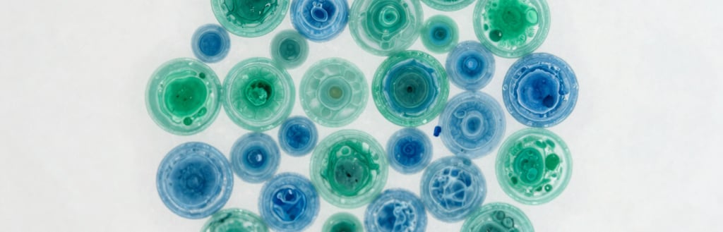 Microscopic view of glycated cells under high-key sterile laboratory light, sharp emerald and sky blue accents, showing cellular damage and oxidative stress.