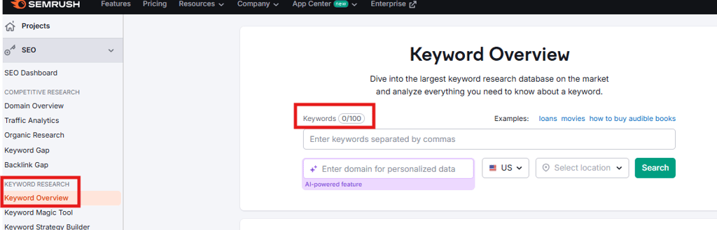 Keyword overview in bulk - semrush