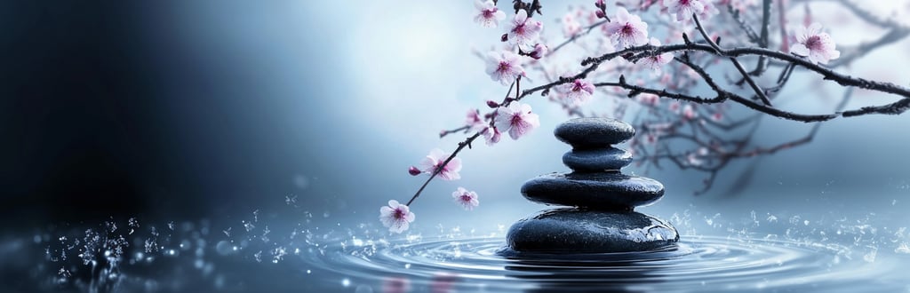 Poole of water with stones balanced and a Japanese bloom tree