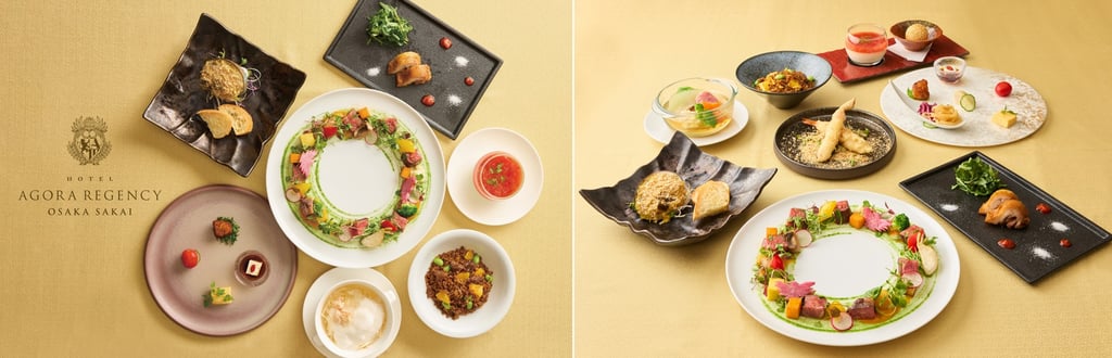 ホテルアゴーラリージェンシー大阪堺の中国料理龍鳳で提供される「龍鳳コース -聖夜の煌めき-」と「朱雀コース -聖夜の煌めき-」の料理が並ぶテーブルセッティングの写真|堺市のグルメ情報ならサカイタイムズ