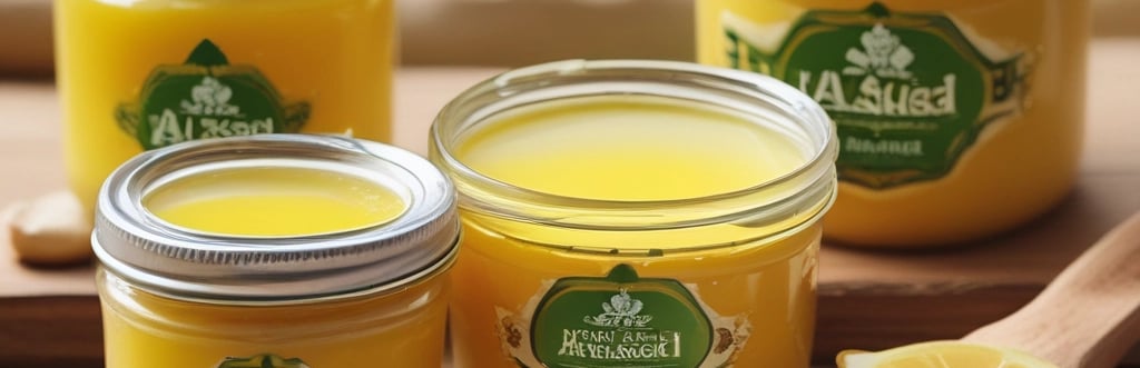 A vibrant display of organic dairy products including ghee, butter, and honey.