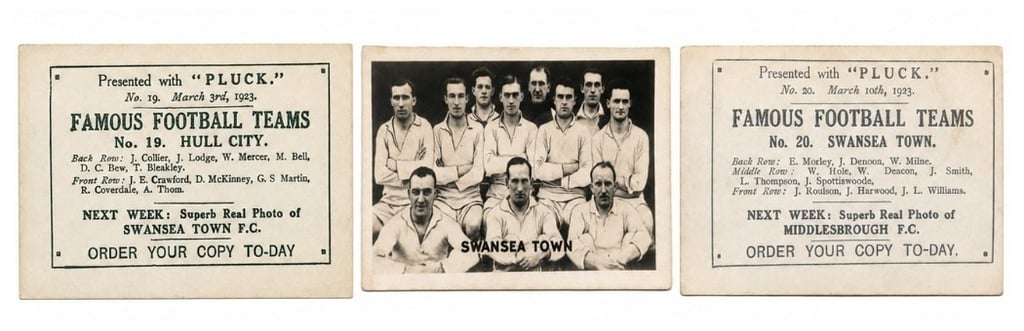 Vintage 1923 Famous Football Teams cards for Hull City and Swansea Town from Pluck magazine.