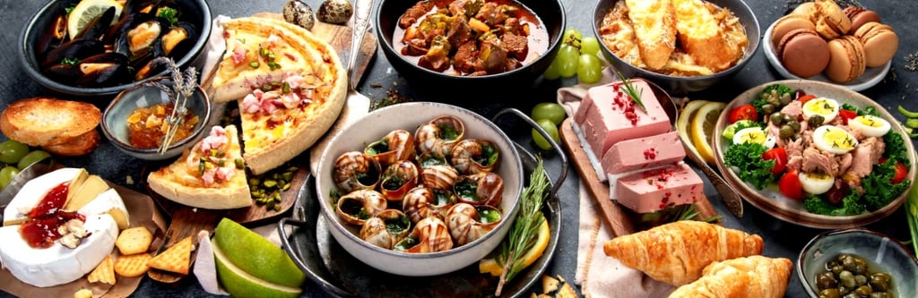 French food and dishes on a table