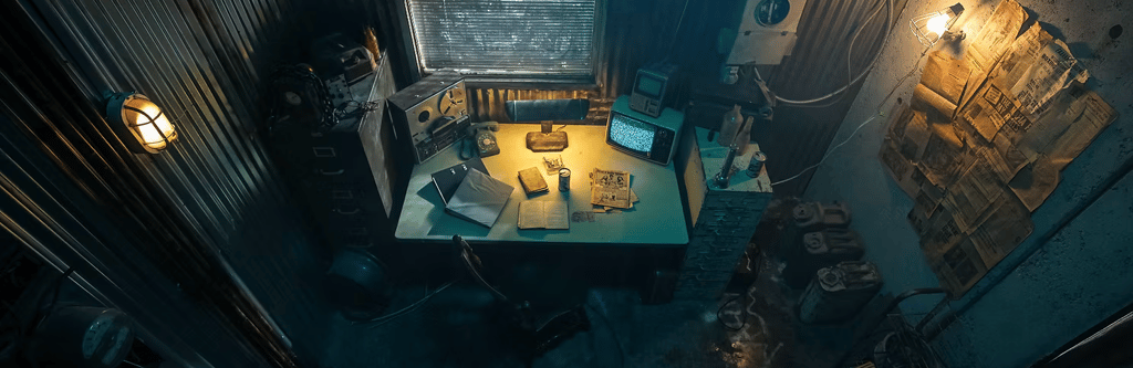 Industrial bunker set at Grayfox Studios featuring dark walls, moody lighting