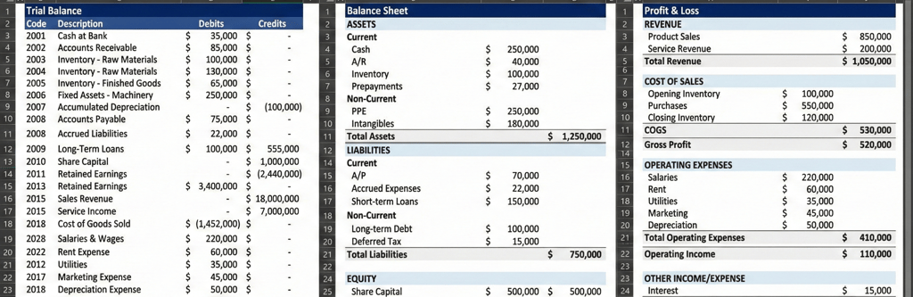 Trial Balance, Balance Sheet, Profit and Loss (Income Statement)