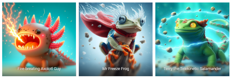 A trio of AI generated images of amphibians: an axolotl, a frog and a salamander