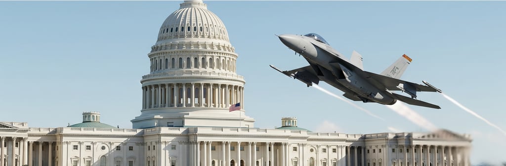 a jet fighter jet flying over a capitol