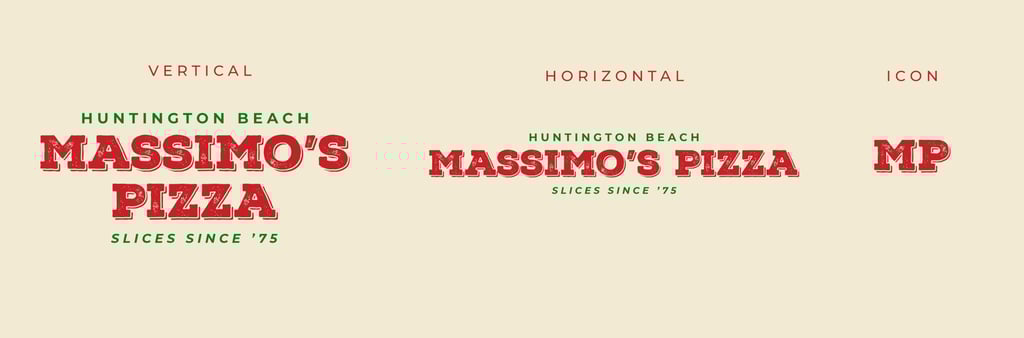 Massimo’s Pizza rebrand with vertical, horizontal, and MP icon logo styles.