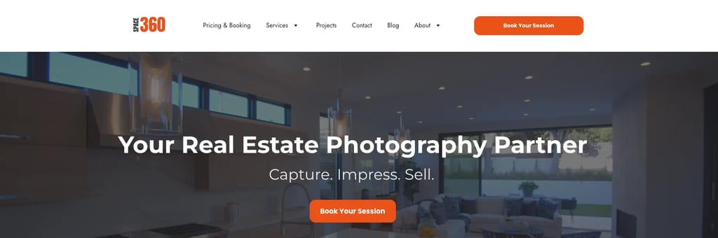 Space360 real estate photography homepage with hero image, booking button, and tagline Capture Impress Sell
