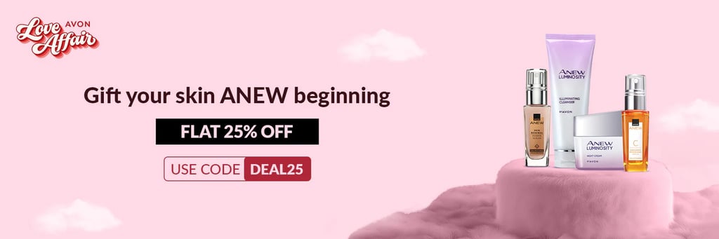 Avon Anew skincare products on a pink platform with a 25 percent off discount code banner.