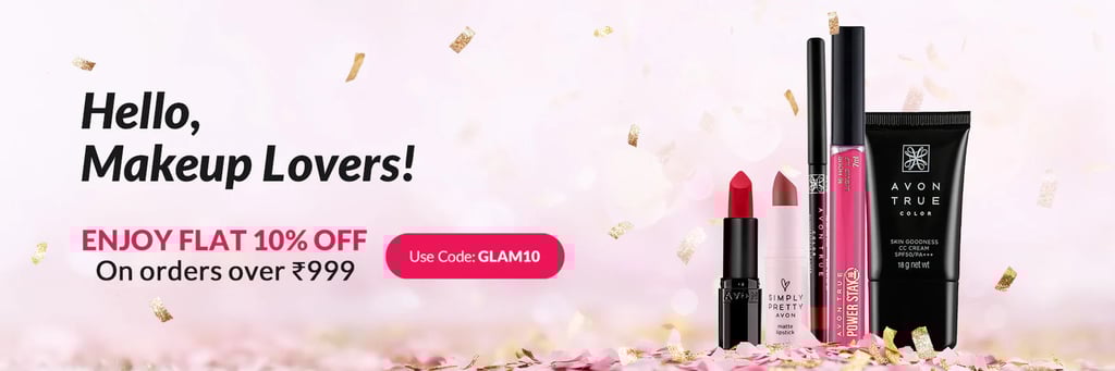 Avon cosmetics sale banner featuring lipsticks, CC cream, and eyeliner with a 10% discount offer code.