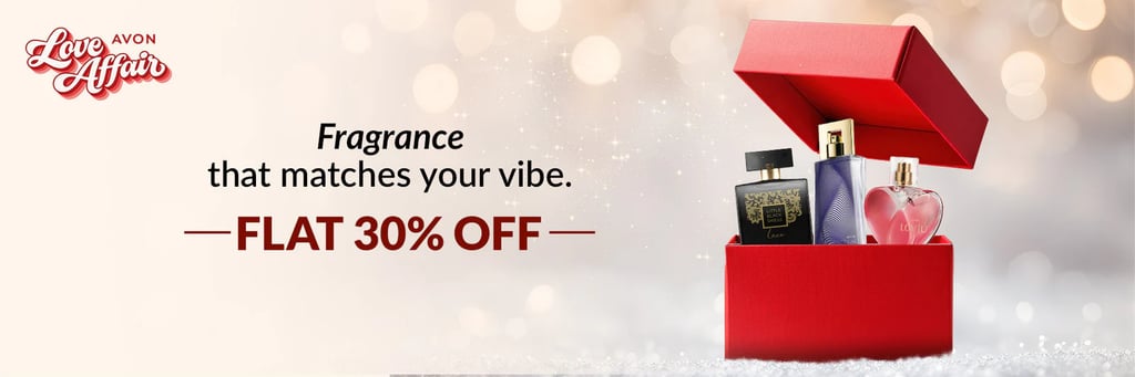 Avon perfume gift sets in a red box with a 30% off fragrance sale banner.