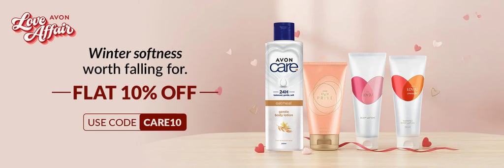Avon Care winter body lotion collection on sale with 10% off coupon code for soft skin.