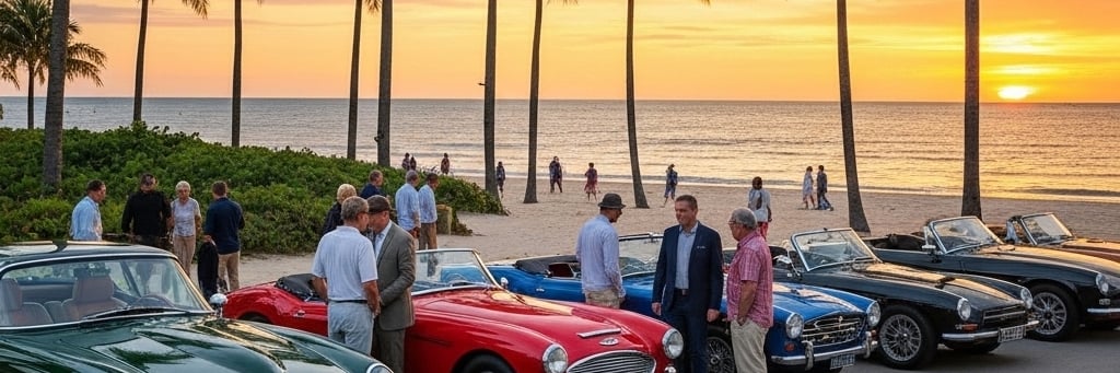 a car show of vintage British cars and people on the beach with palm trees.