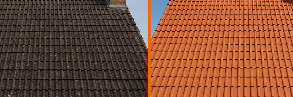 Comparatif avant et après nettoyage d’une toiture en tuiles