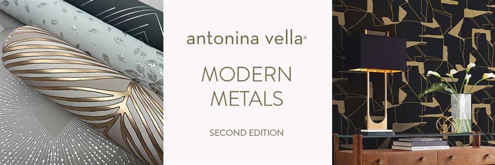 Modern metallic wallpaper rolls and black gold geometric patterns by Antonina Vella.