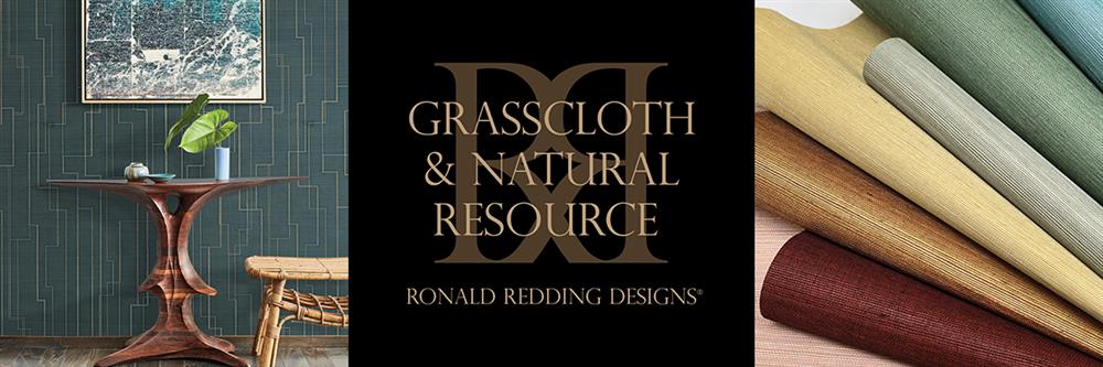 Ronald Redding Designs luxury textured grasscloth wallpaper swatches and interior room setting.