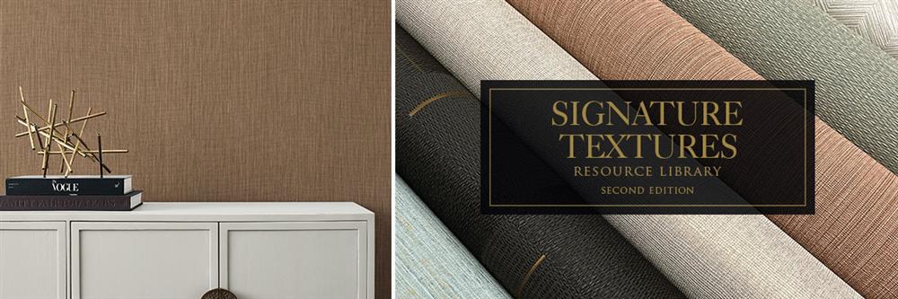 Signature Textures textured wallpaper swatches and a room interior with brown fabric effect wallcovering.