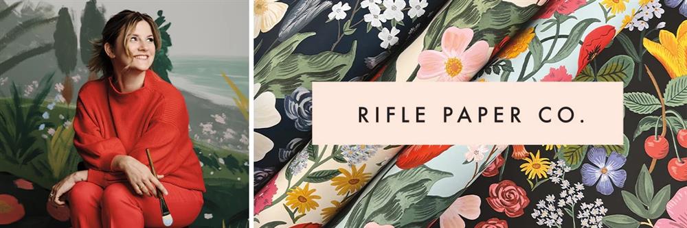 Artist Anna Bond with colorful Rifle Paper Co floral wallpaper designs and botanical patterns.