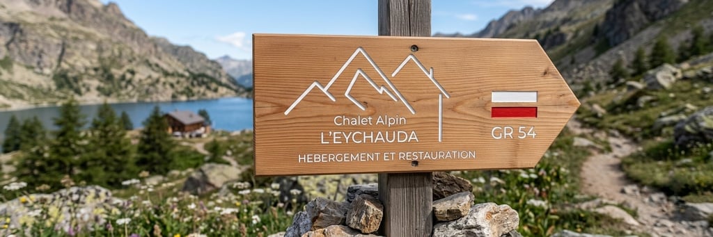 Enseigne en bois gravée sur chemin pour le Chalet Alpin l'Eychauda à Pelvoux