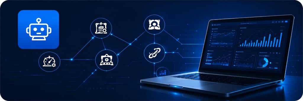 Laptop displaying data analytics dashboard with blue robotic automation and network icons.